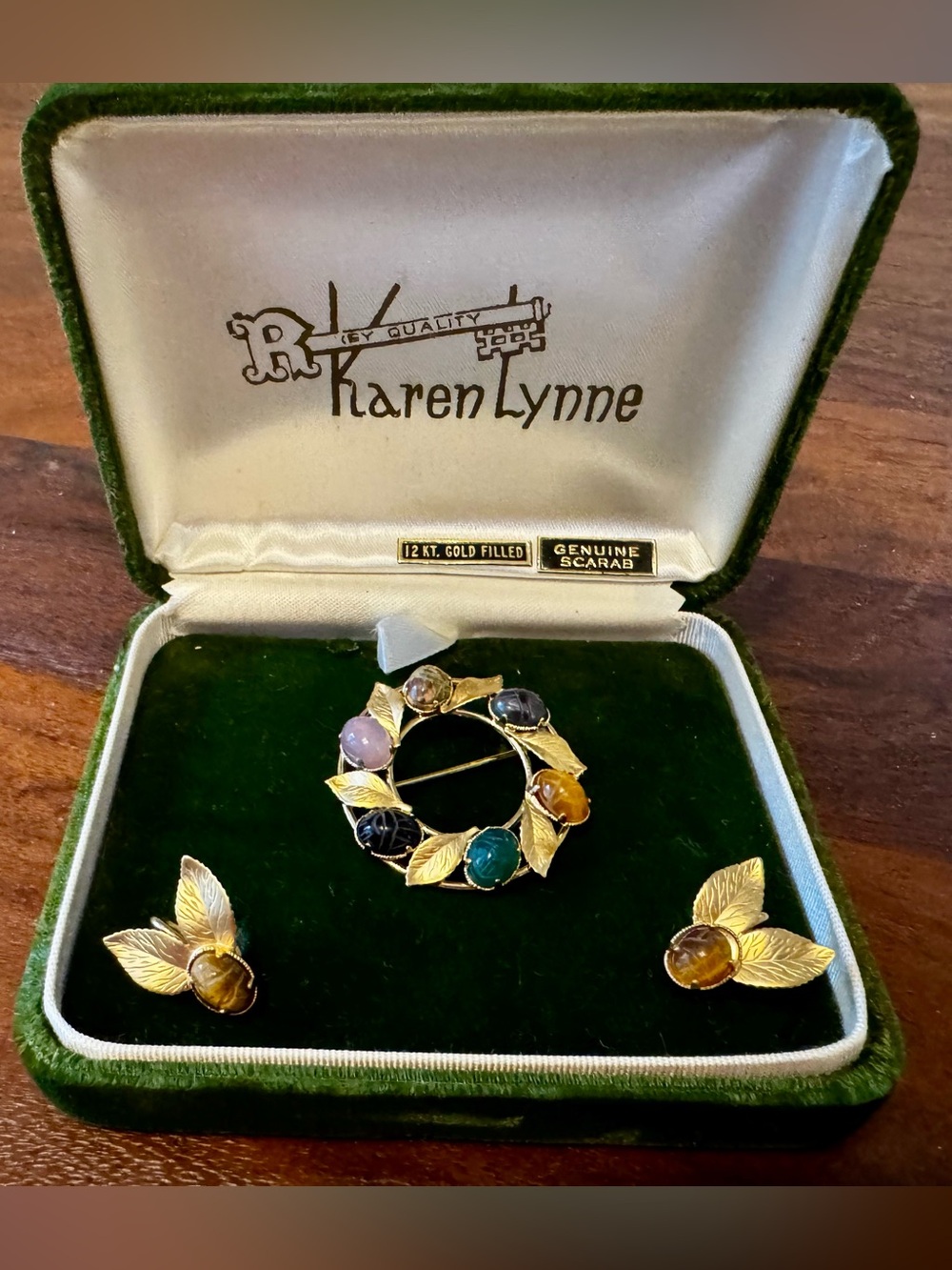Vintage Karen Lynne Brooch & Screw Back Earrings Genuine Scarab 12kt GF Orig Box